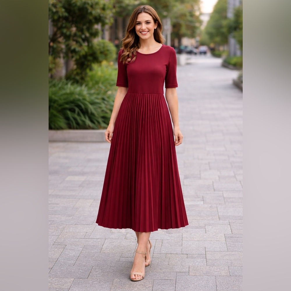 41 Hawthorn Marina Scoop Neck Pleated Midi Dress Burgundy Size Medium